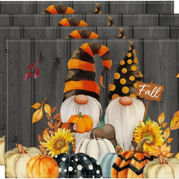 Gnomes Pumpkins Fall Placemats Set of 4, 12x18 Inch Seasonal Autumn Thanksgiving - Picture 5 of 5